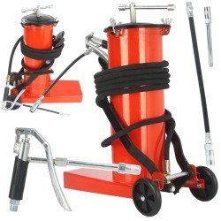 Ingrassatore Lubrificatore Pneumatico a Barile | da 6 Litri | 36 MPa | Tubo 4 Metri | con Ruote | Azionamento a Leva | 2 Estremità Rigida e Flessibile